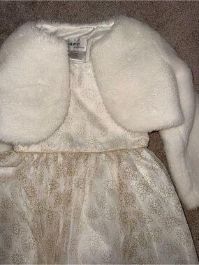 Cherokee White and Gold Floral Tulle Dress with Faux Fur Shrug